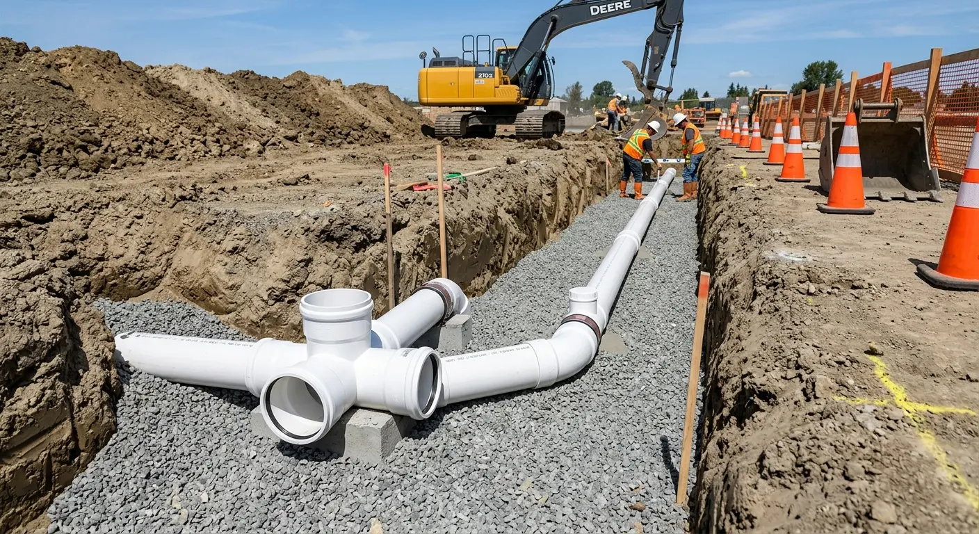 New PVC sewer pipe installation in open trench for Commercial Drain Cleaning in Chula Vista