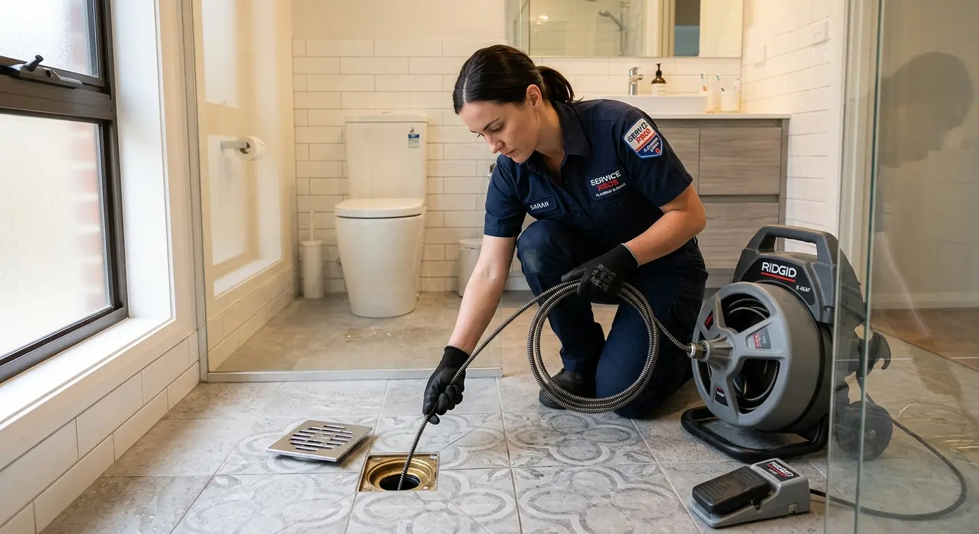 Technician clearing a bathroom floor drain for Drain Repair in Chula Vista